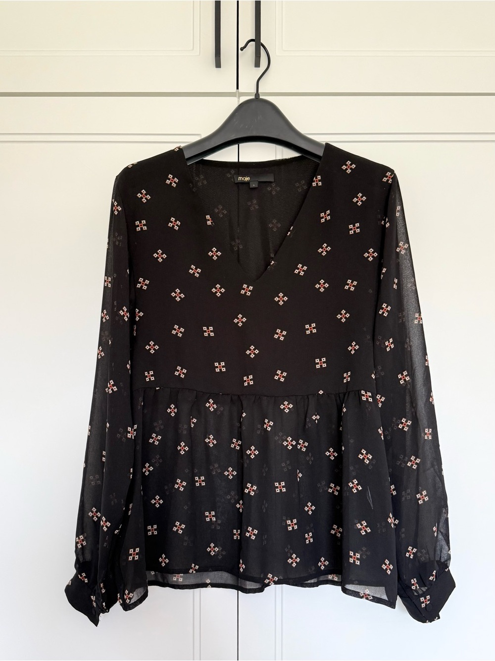 Maje Black Sheer Blouse with Subtle Pink Motif